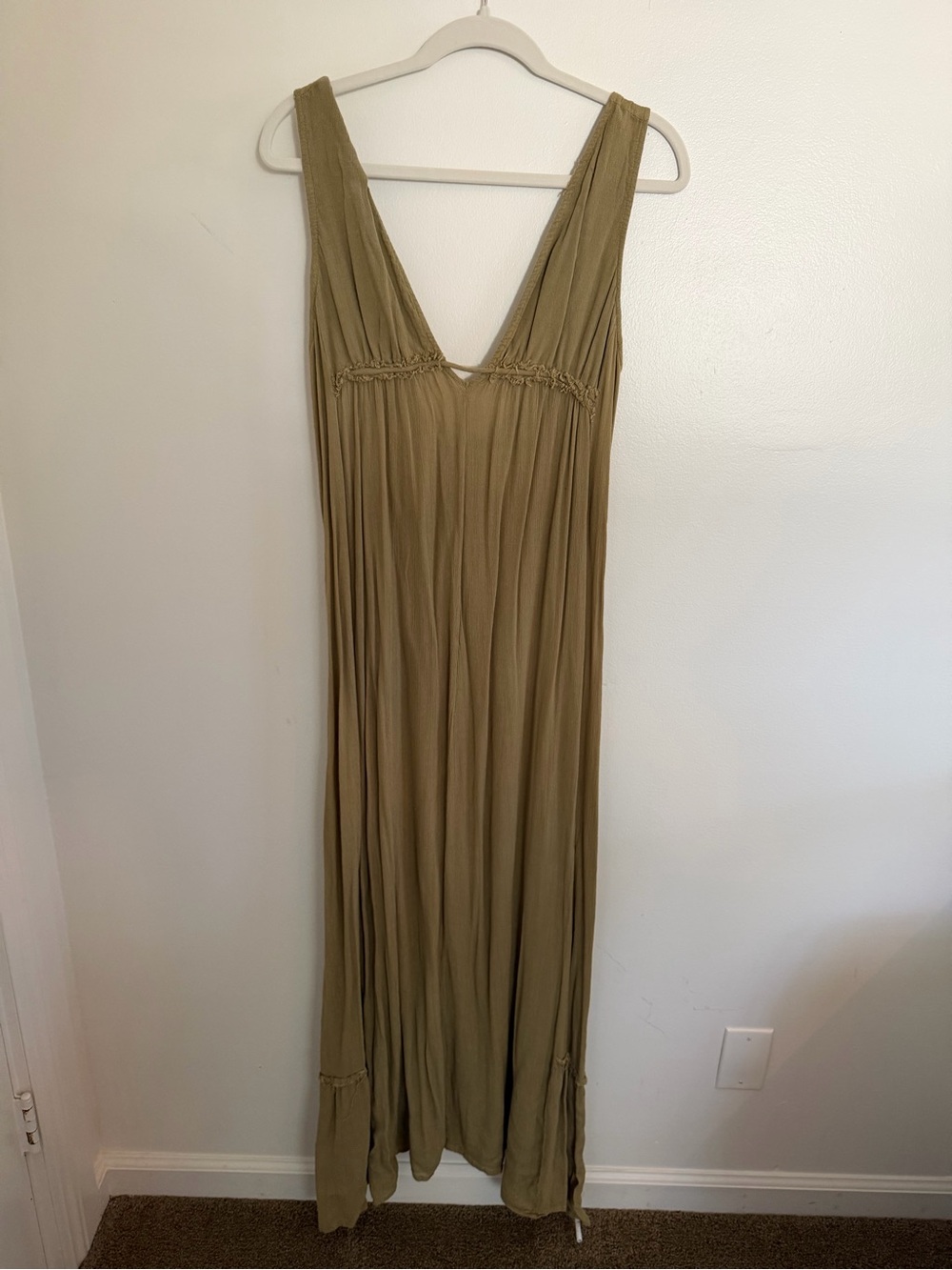 Olive Green V-Neck Maxi Dress - Women's Flowing Summer Dress